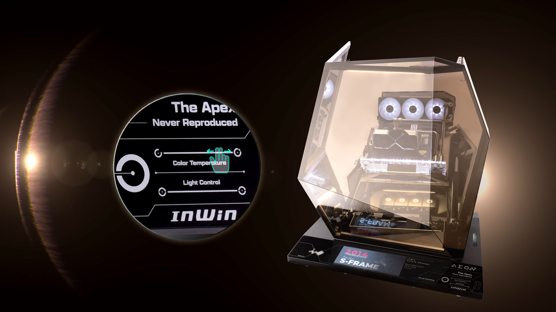 InWin Ambient Lighting Integrated ambient lighting highlights AEON’s sculptural form and mate