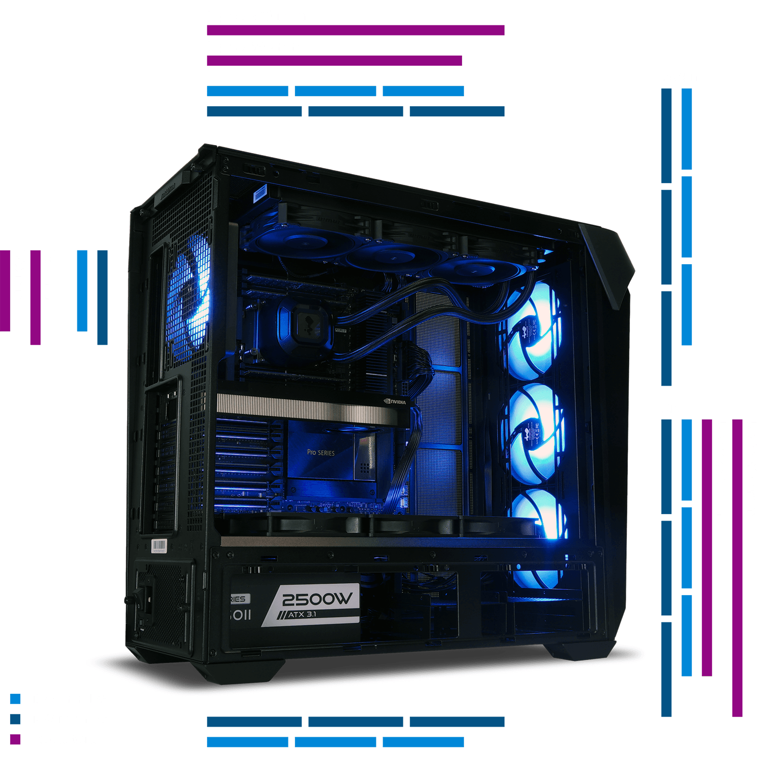 InWin サーマルドミナンス COVALENTには、デュアル420 mmラジエータに対応しています。大容量の吸気と排気エアフローにより、長時間のコンピューティング・ワーク
