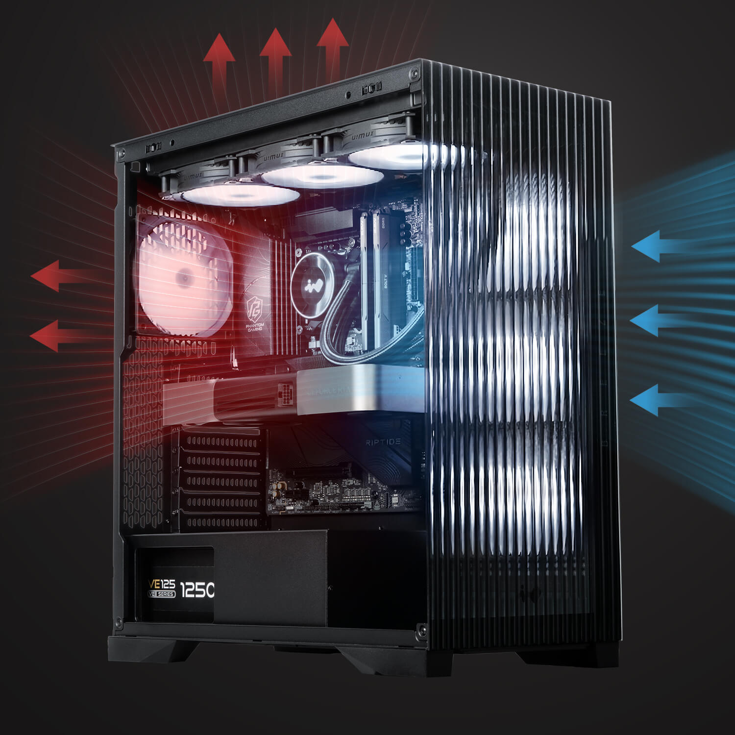 InWin 至高の冷却性能 360mmのトップラジエーターや最大9基のファンなど、多彩な冷却構成に対応します。プリインストールされた4基のLUMIAファンが吸気と排気の