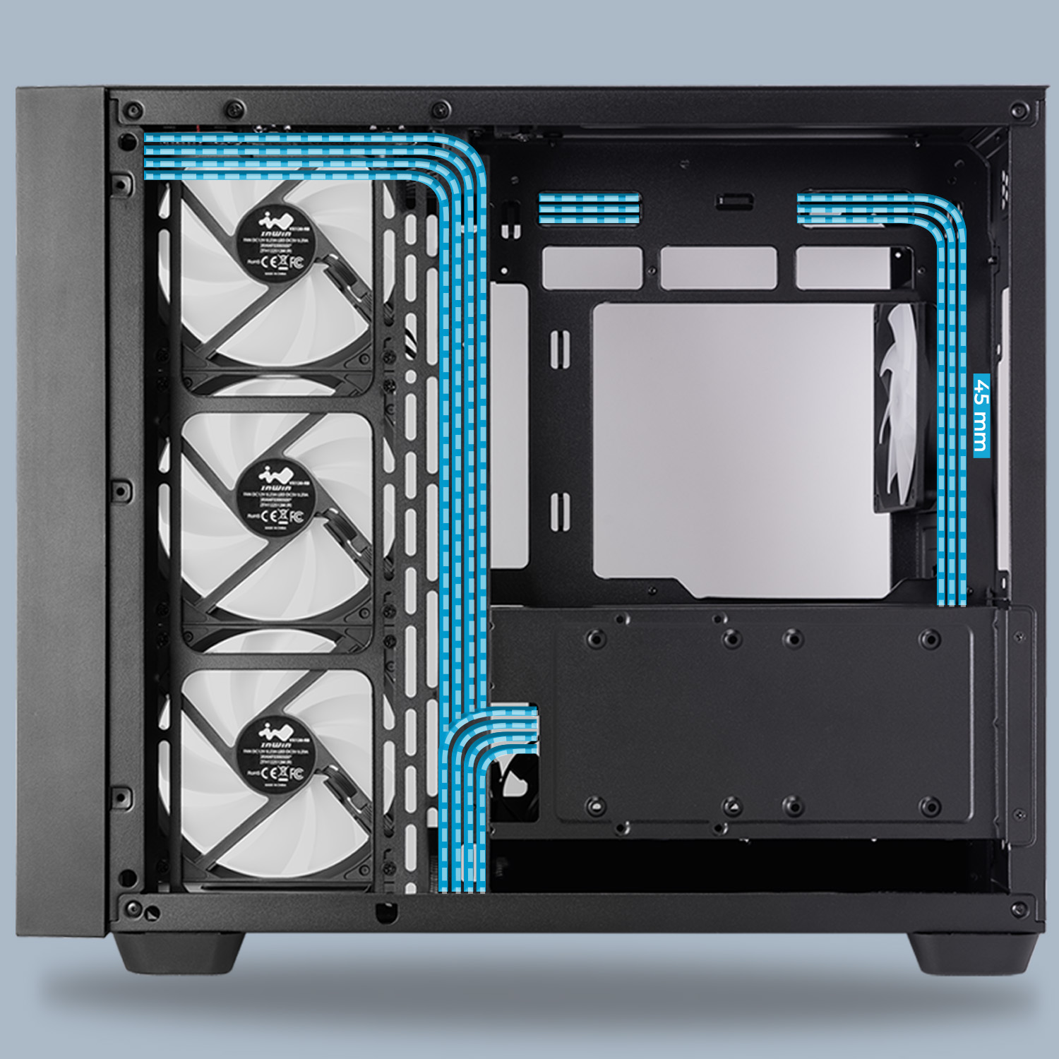 InWin Domina el desorden de cables Los orificios para enrutamiento de cables incorporados y un área espac