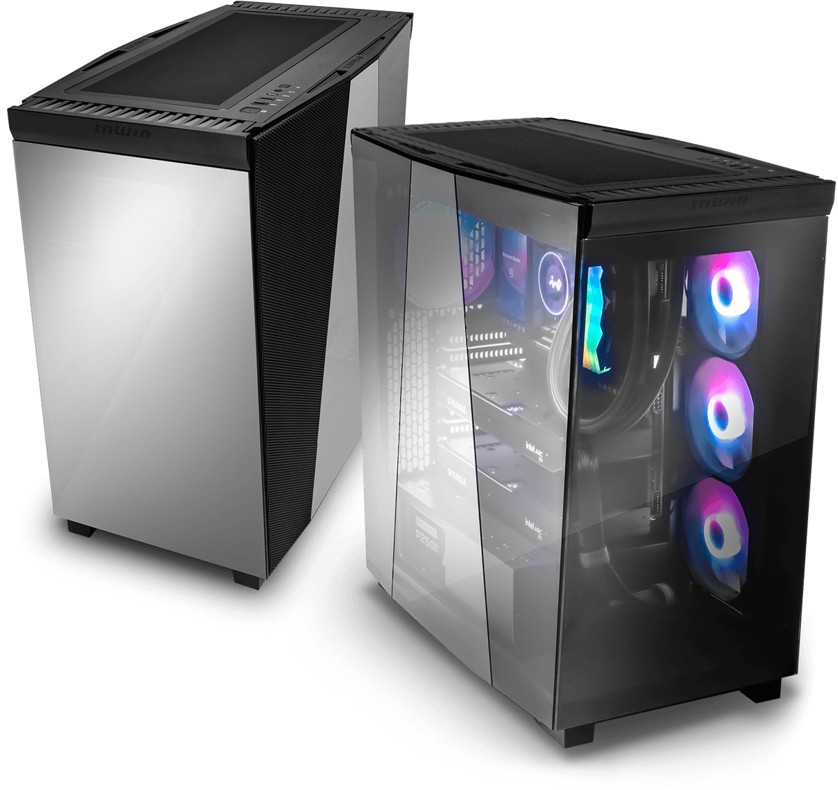 InWin W50 panoramic mid-tower case with W-shaped mirrored tempered glass design
