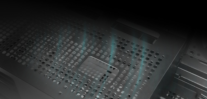 W50 ventilated PSU shroud and GPU power cable routing holes for a cleaner build