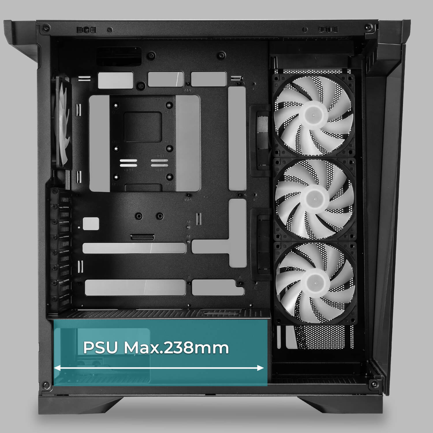 W50 supports ATX power supplies up to 238mm with a ventilated PSU shroud