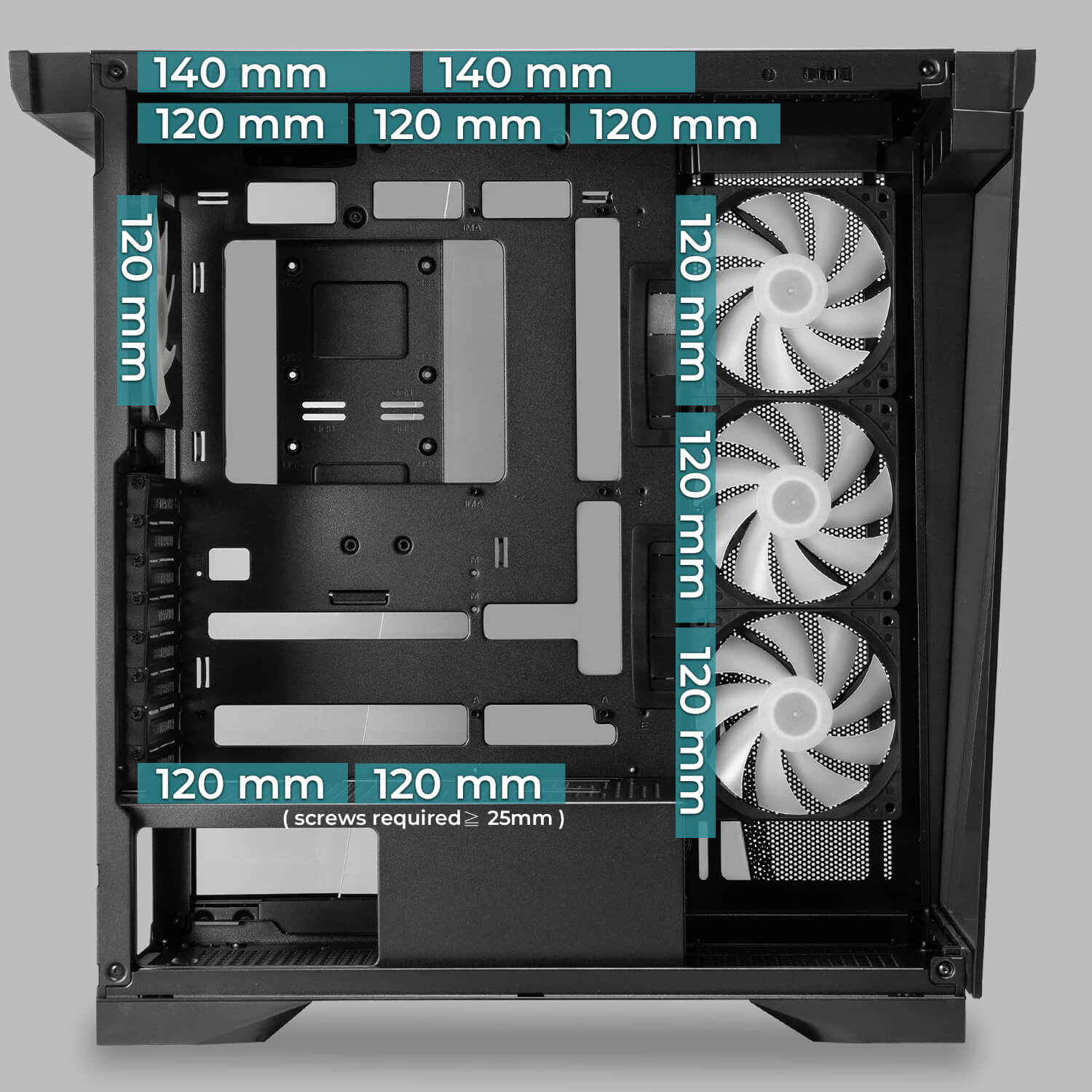 W50 supports up to nine fans and includes four VORTEX VX120 ARGB PWM fans