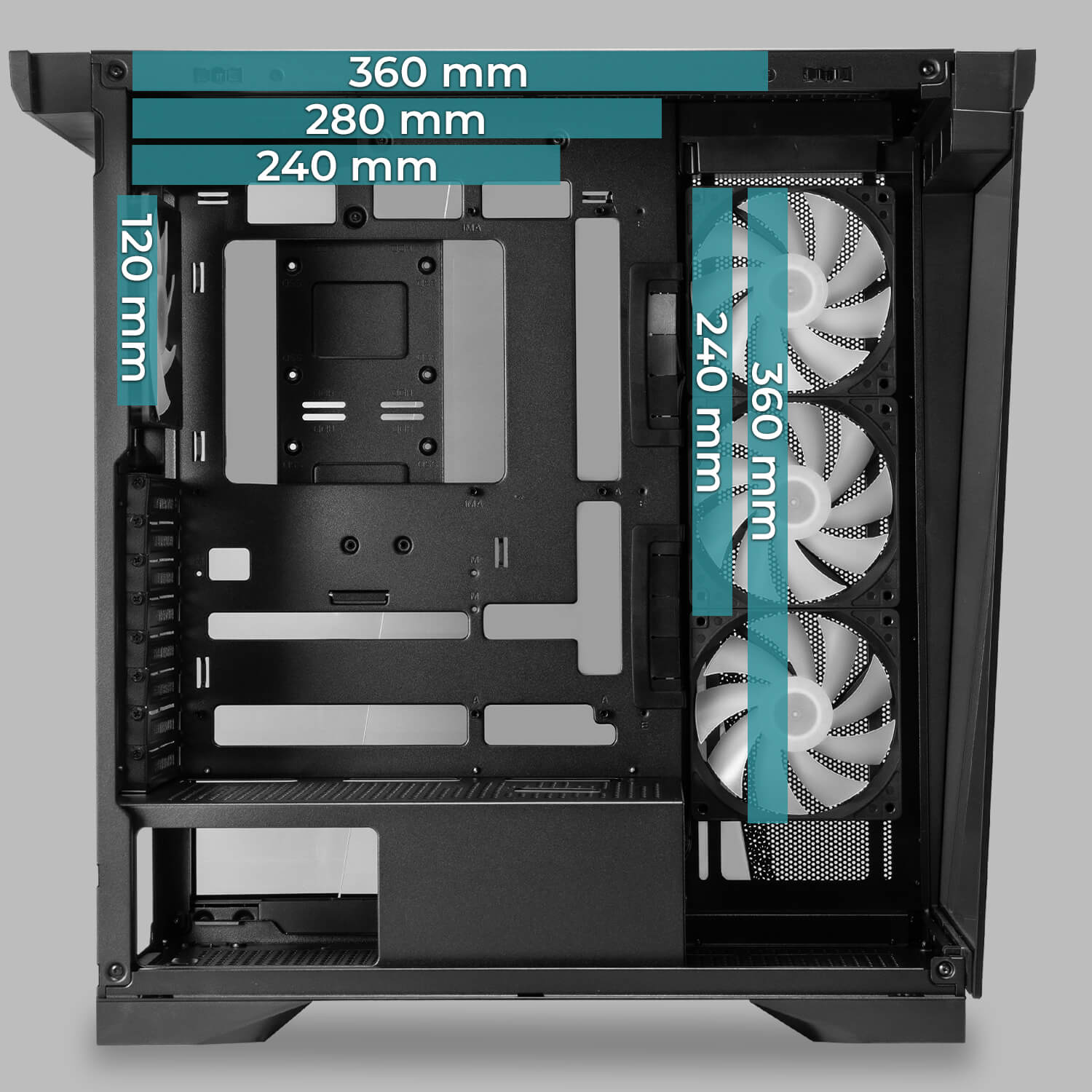 W50 supports up to 360mm radiators on the top and side for flexible liquid cooling